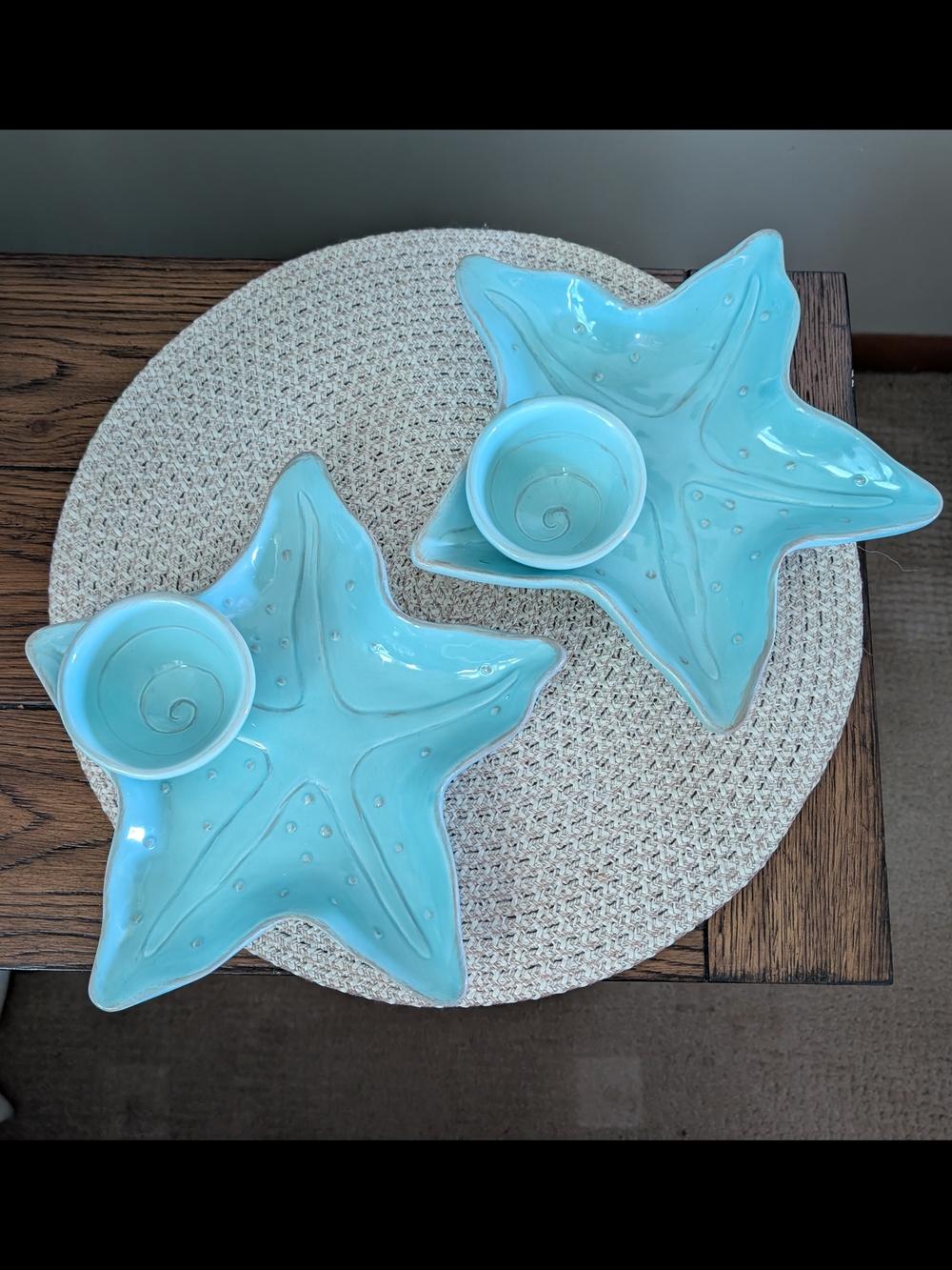 Teal Ceramic Starfish Appetizer Plates & Dipping Cups Set - Coastal
